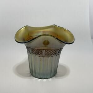 Vintage Northwood Carnival Glass Vase Ruffle Hat Green Iridescent 3.75" Tall